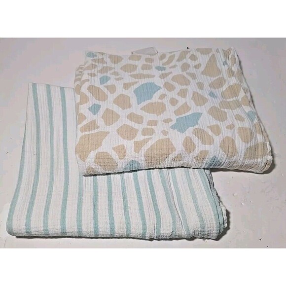 Lot of 2 Swaddlers Aden & Anais Baby Blanket Blue/Green Striped & Giraffe Print - Picture 1 of 5